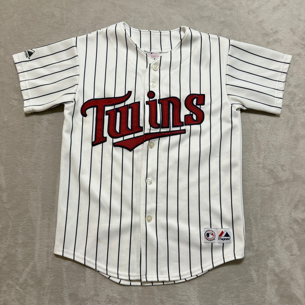 VTG Majestic Minnesota Twins Justin Morneau Jersey Youth M White Pinstripe MLB